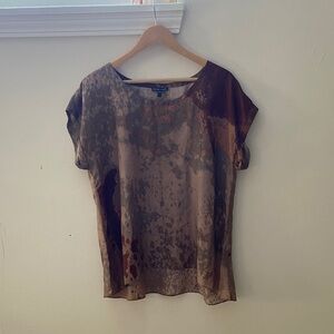 Eileen Fisher Abstract Brown and Tan Silk Cap-Sleeve Blouse